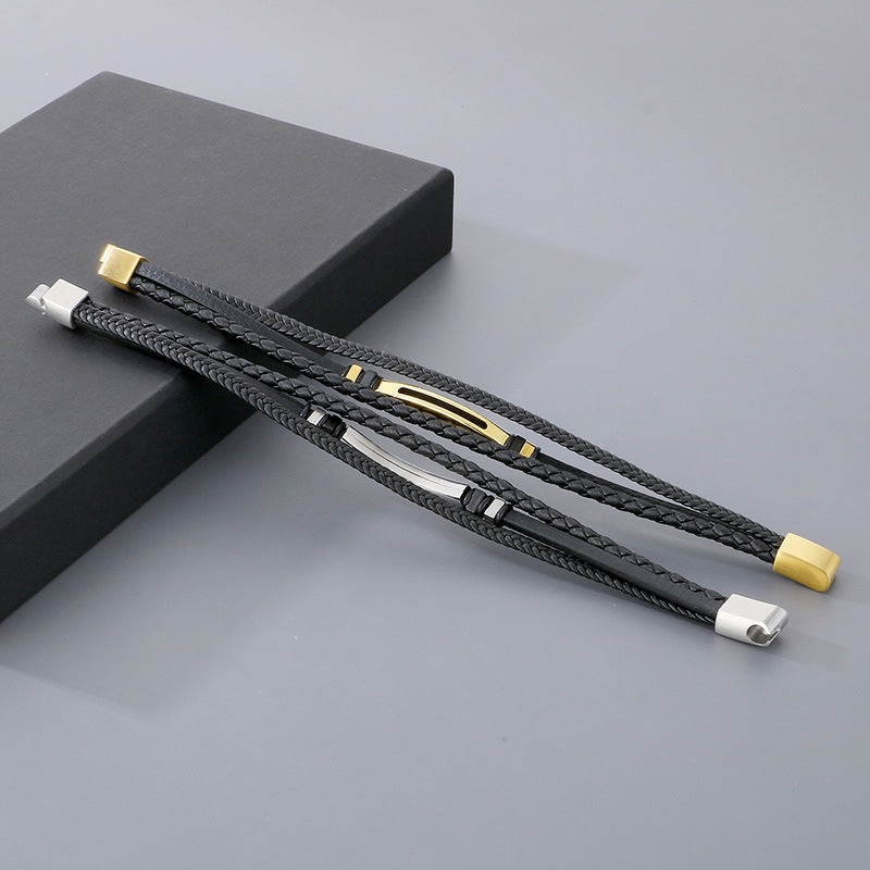 Planderful Stainless Steel Leather Rope Bracelet Men Black