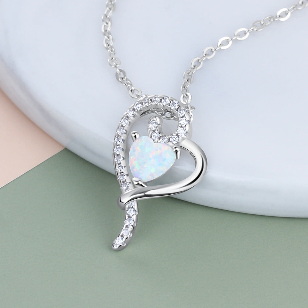 Planderful Jewelry Opal Heart Necklace in Sterling Silver with White Zircon Pendant