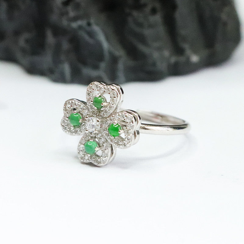 Jade Clover Fortune Ring in Sterling Silver