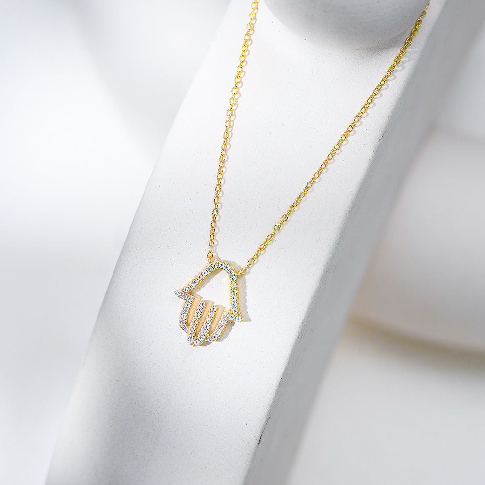 Planderful S925 Sterling Silver Zircon Palm Necklace for Women Hollow Out Pendant High End Collarbone Chain