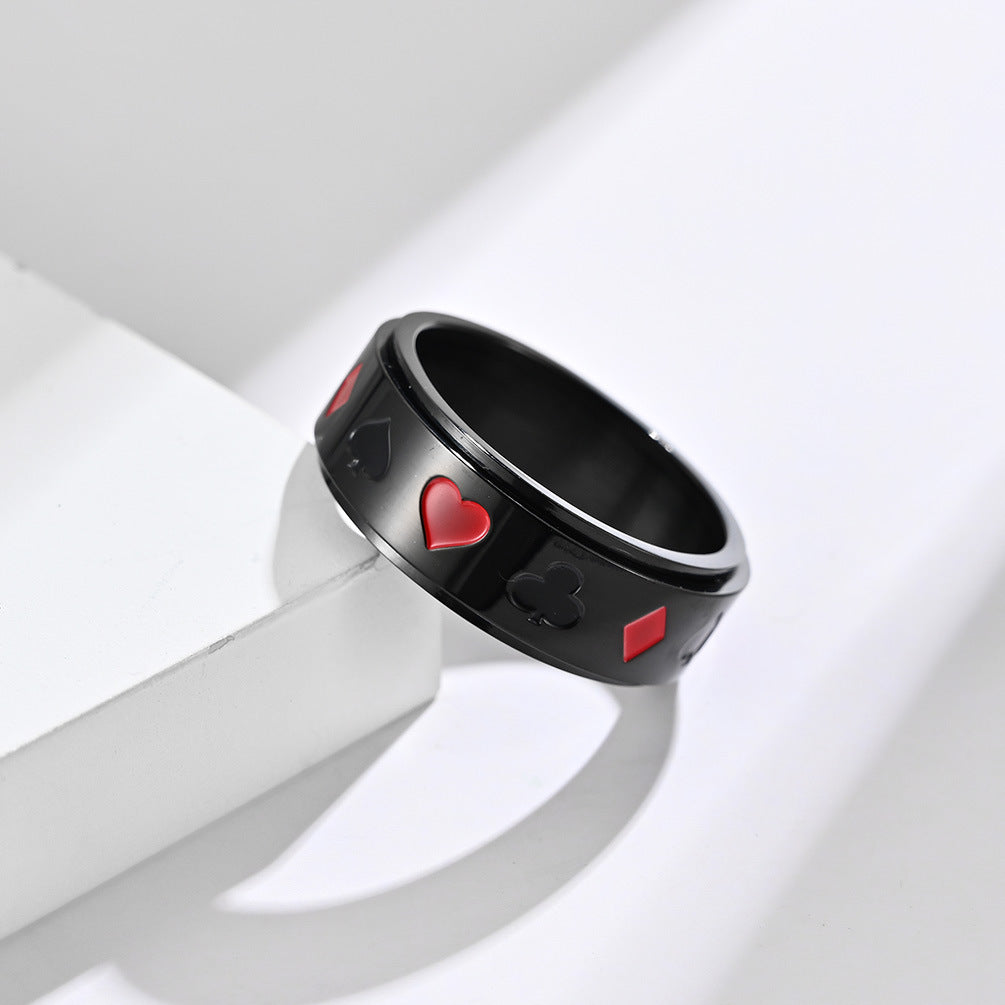 Playing Card Pattern Black Red Plum Stainless Steel Ring