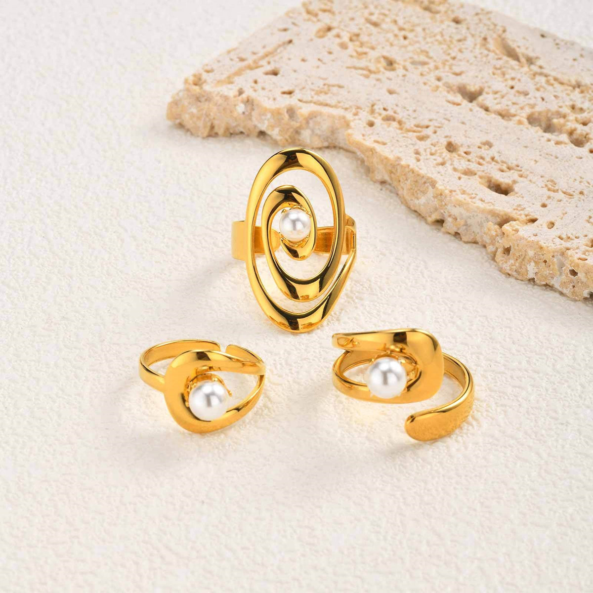 Women's Style – Stainless Steel Imitation Pearl Geometric Lines Open Stacked With Ring