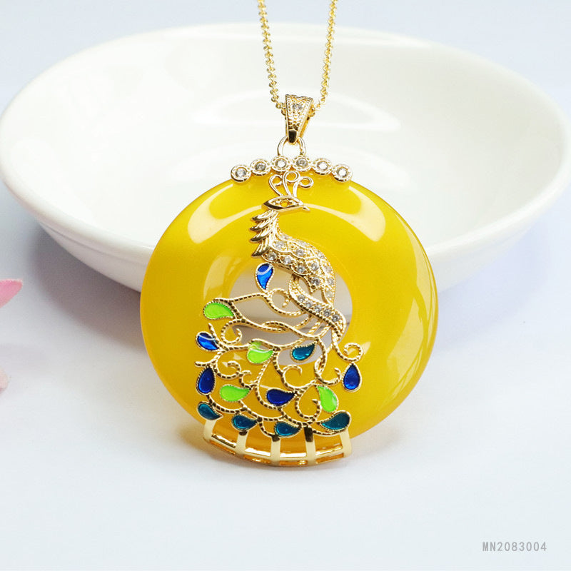 Yellow Chalcedony Cloisonné Phoenix Peace Buckle Pendant — No Chain