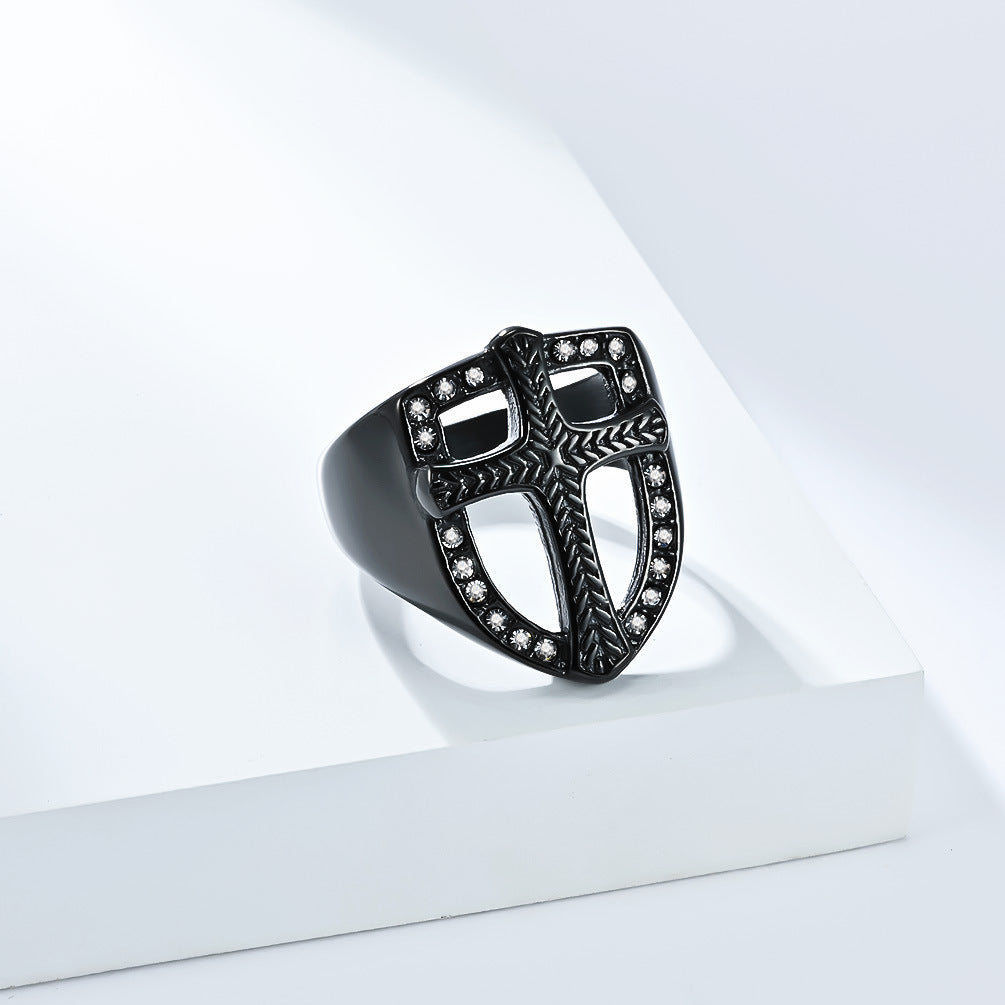 Planderful Everyday Genie Shield Cross Ring For Men Personalized Zircon Jewelry Retro European American Style