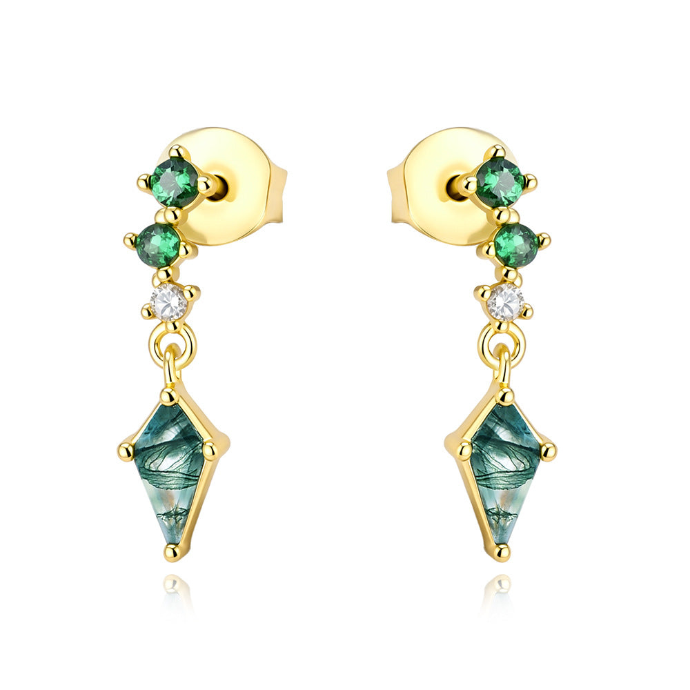 S925 Sterling Silver Natural Aquatic Agate Zircon Stud Earrings Geometric Rhombus Fringed Earrings
