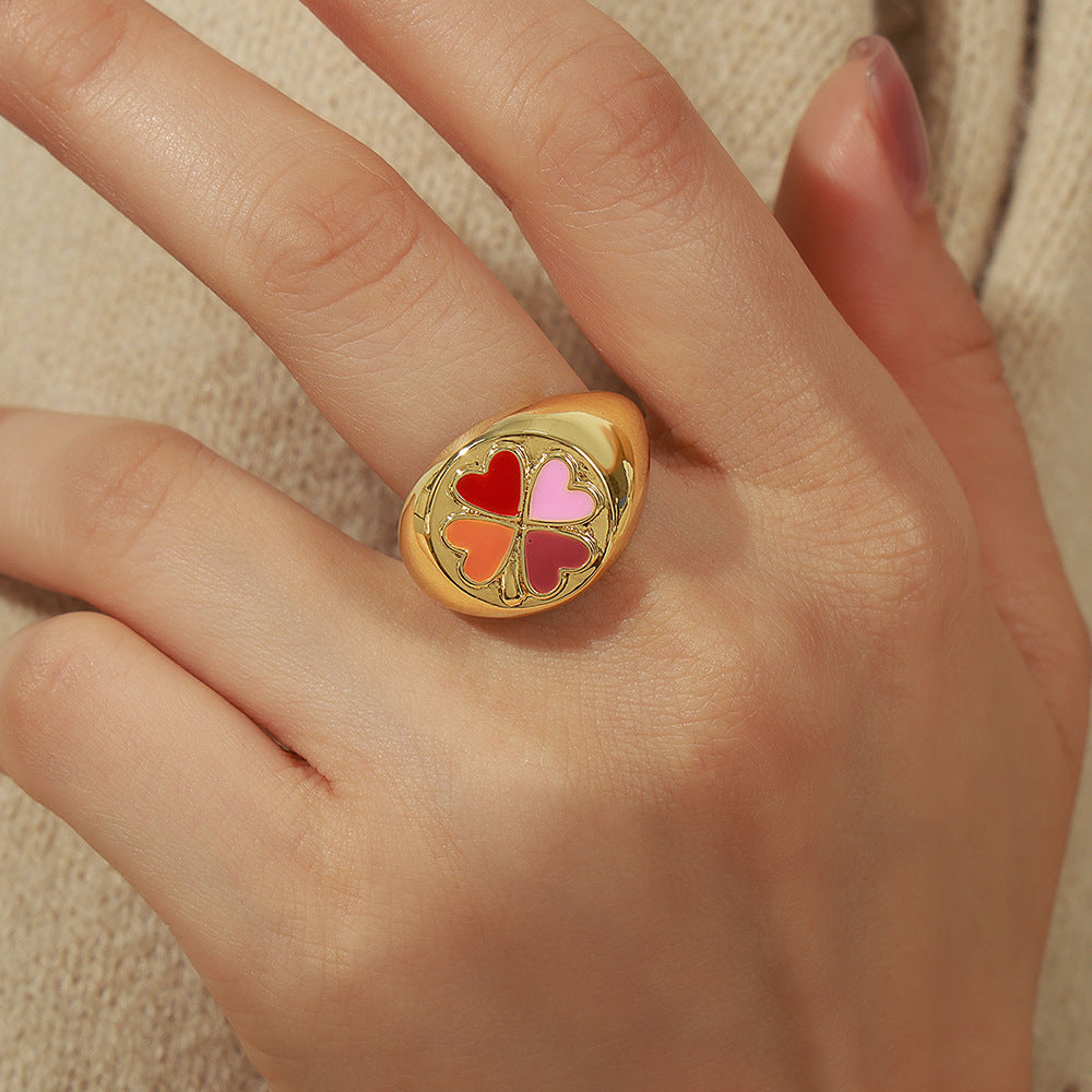 Enamel Glaze Copper Heart Clover Ring Women's Jewelry