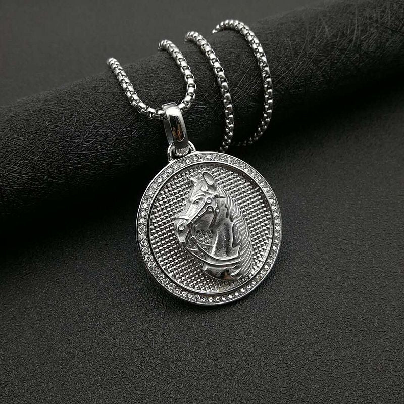 Planderful Hip Hop Necklace Unisex Gold Plated Titanium Steel Zircon Disc Horse Head Pendant
