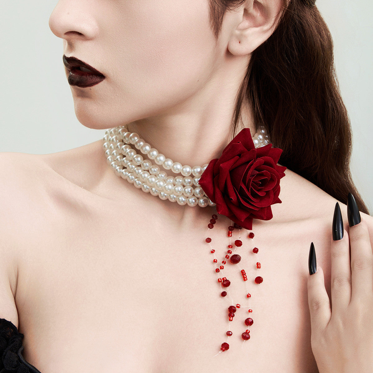 Gothic Pearl Rose Fringe Necklace