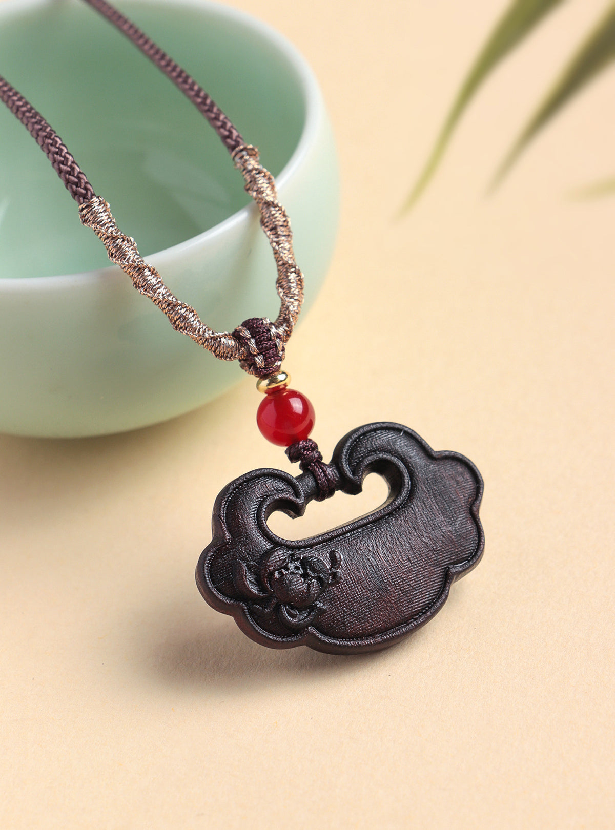 Agate Agarwood Ruyi Lock Pendant Necklace