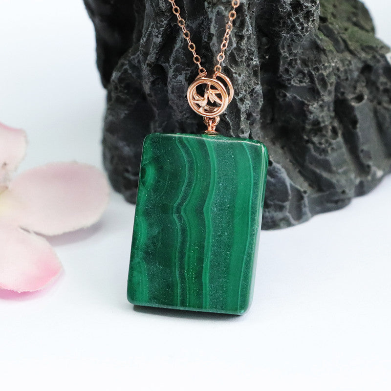 Malachite Square Peace Plaque Silver Pendant — No Chain
