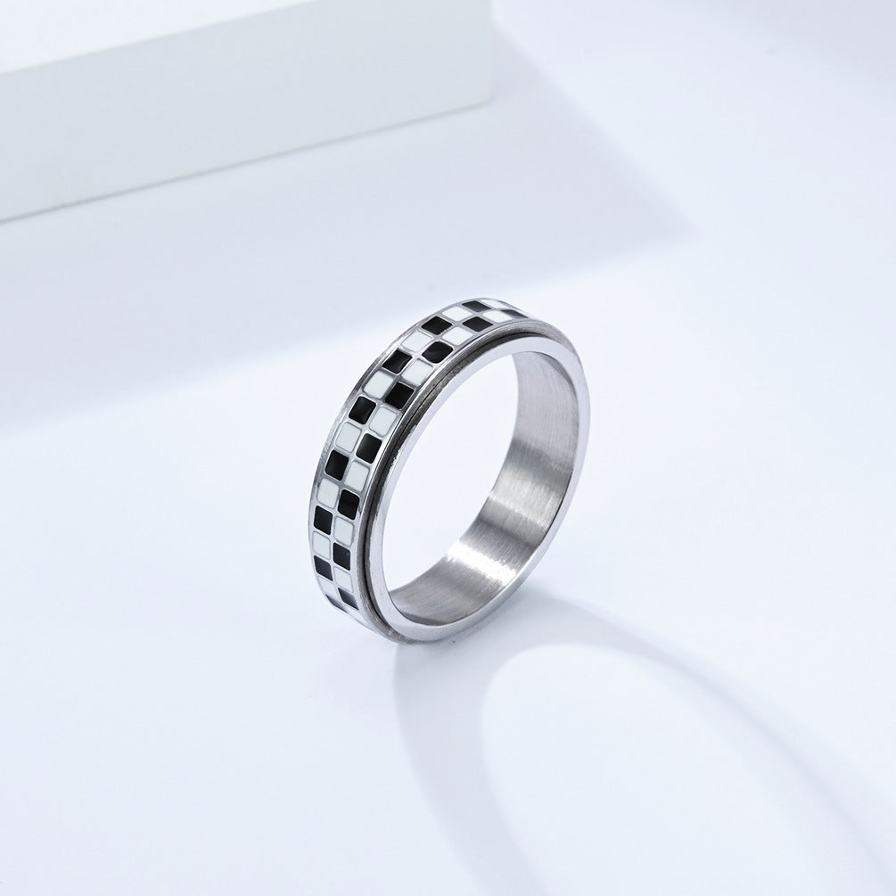 Planderful Rotating Plaid Ring For Women Black And White Niche Design High End Steel Jewelry