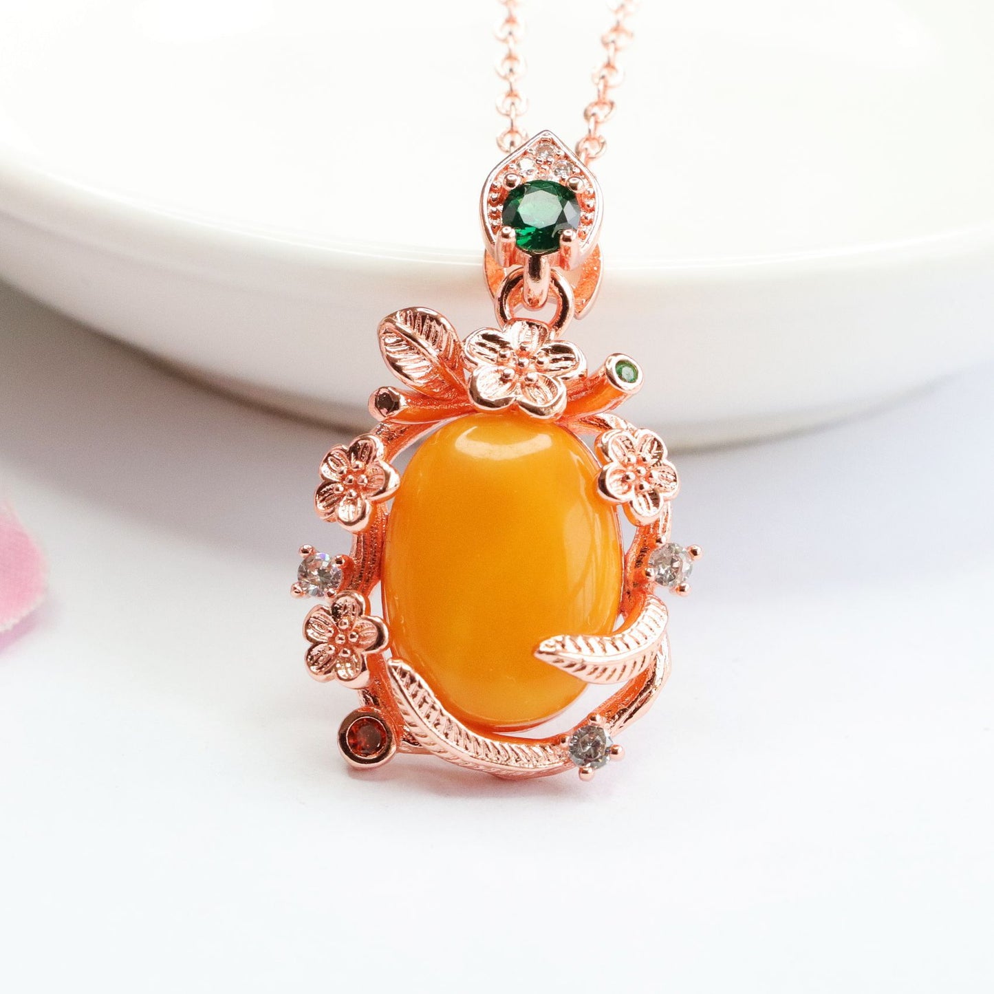 Amber Beeswax Pendant with Zircon Garland Necklace - Sterling Silver Necklace