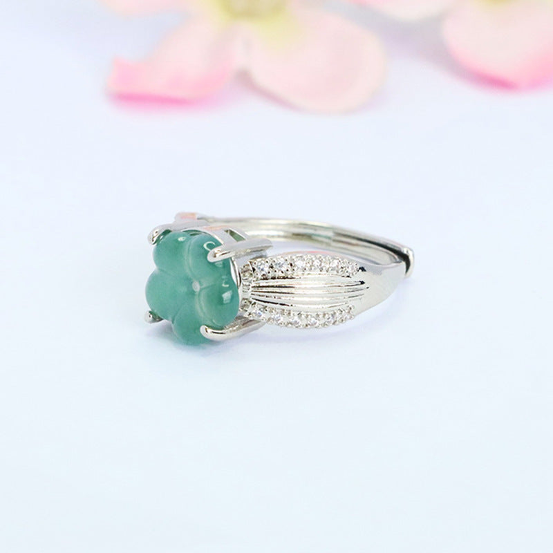 Blue Water Jadeite Four-Leaf Clover 10 mm Ring