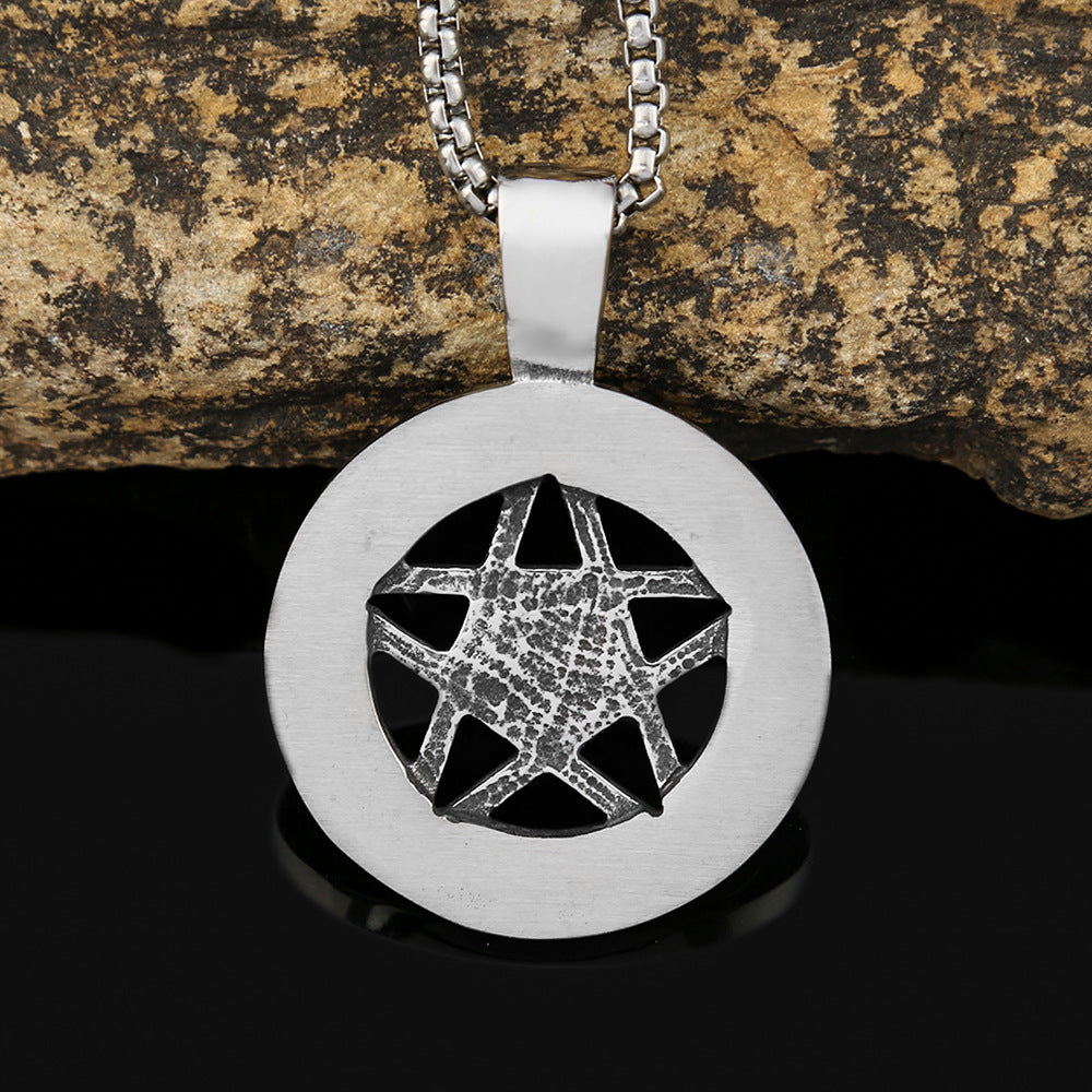 Titanium Steel Men's Trend Necklace Round Pentagram Pendant