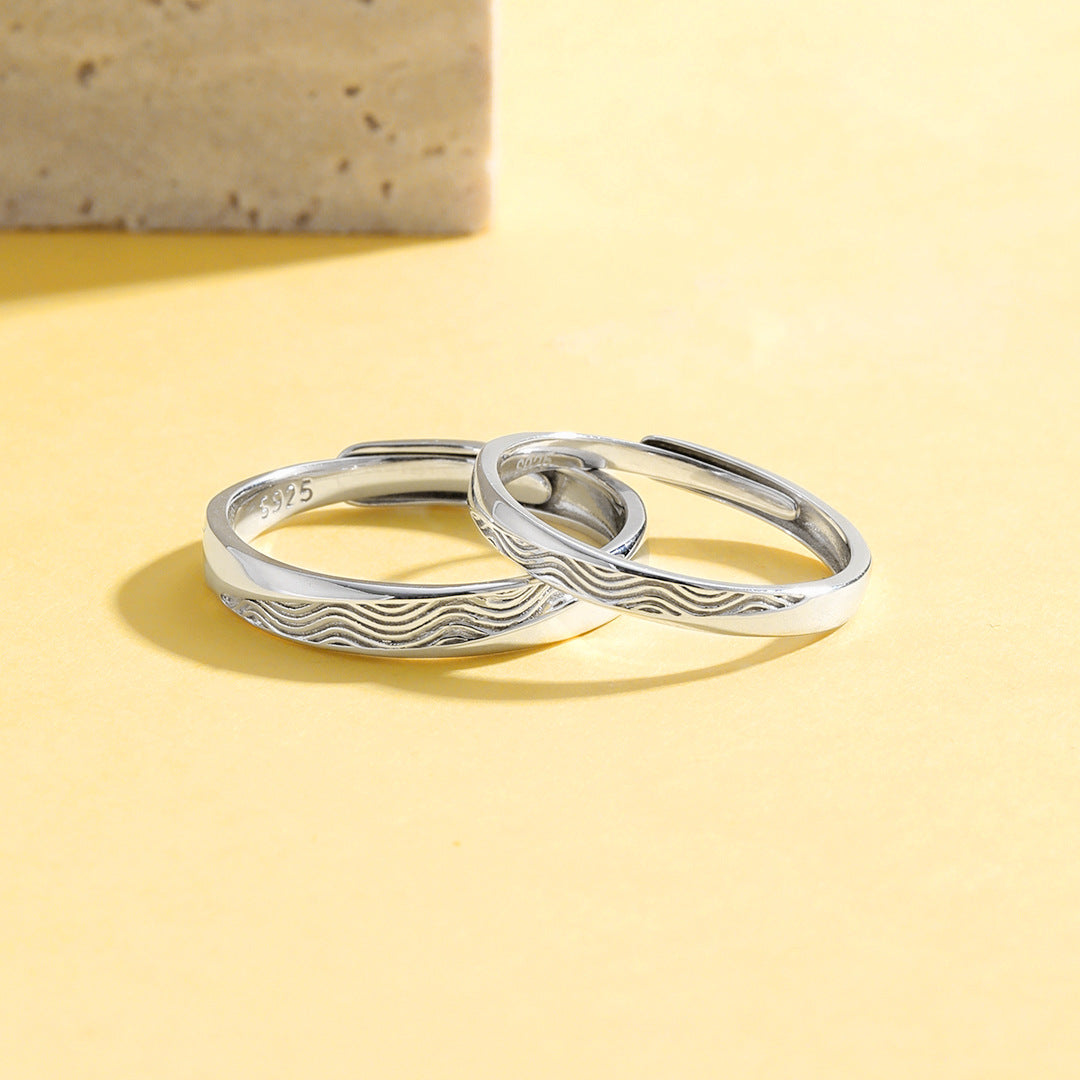 Planderful Wave Couple Pair Ring S925 Sterling Silver – High-Quality Retro Niche Design