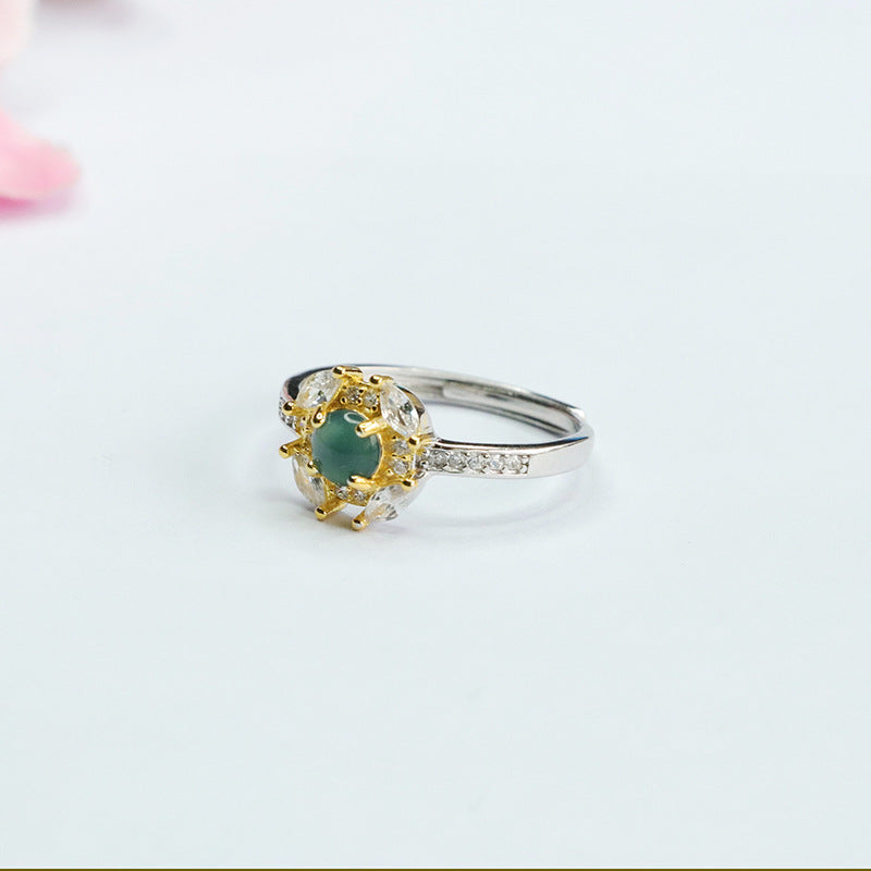 Jade and Zircon Sterling Silver Flower Ring with Ice Blue Green Jade
