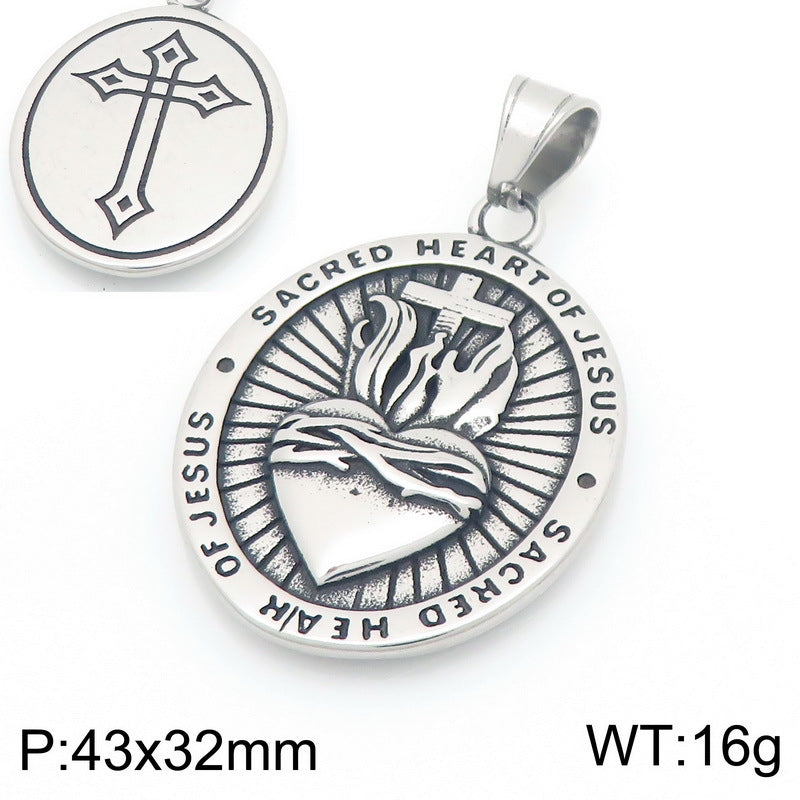 Double Sided Totem Guardian Charm Shield Pendant, Vintage Portrait Cross Sacred Heart Necklace