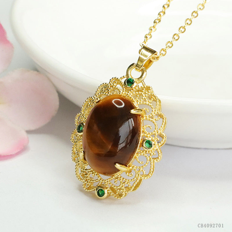Yellow Tiger Eye Openwork Weave Pendant — No Chain