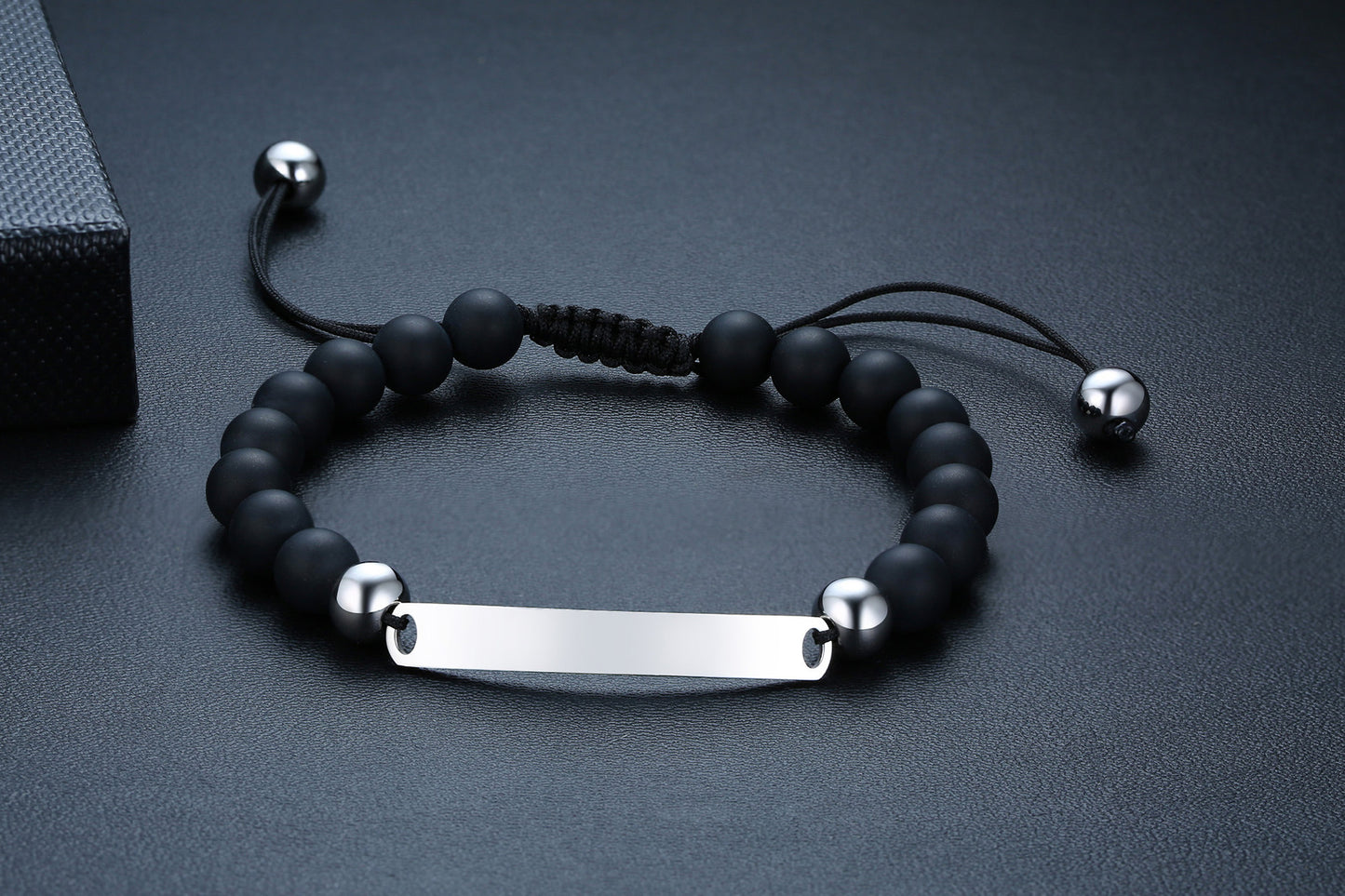 Stainless Steel Bent Matte Black Agate Beaded Hand Rope Men's Adjustable