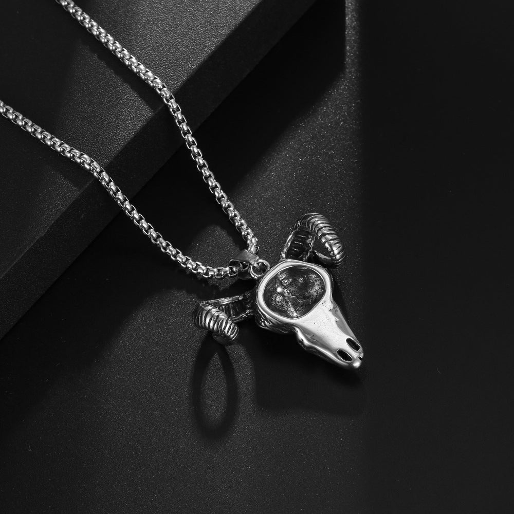 Retro Titanium Steel Bull Head Pendant Necklace with Devil Inlaid Stone for Men