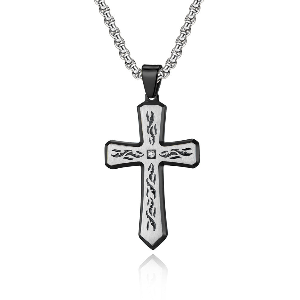 Planderful Flame Cross Pendant Necklace For Men Stainless Steel Versatile Hip Hop Style Everyday Genie