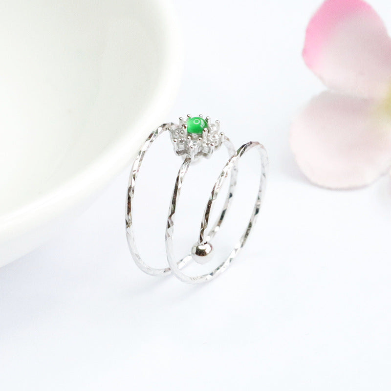 Icy Green Jadeite Sun 925 Silver Ring