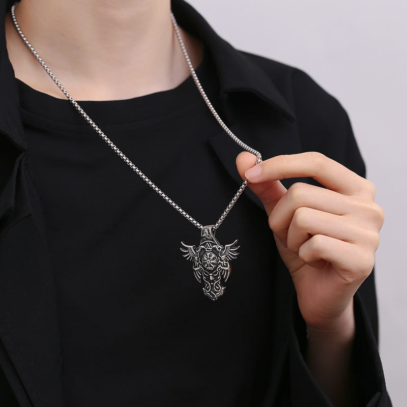 Steel Necklace – Vintage Odin Mounts Double Crow Pendant For Men And Women Norse Mythology Jewelry Gift