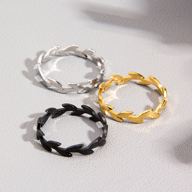 Chic Titanium Steel Ring with Olive Branch Design - Size 6-12