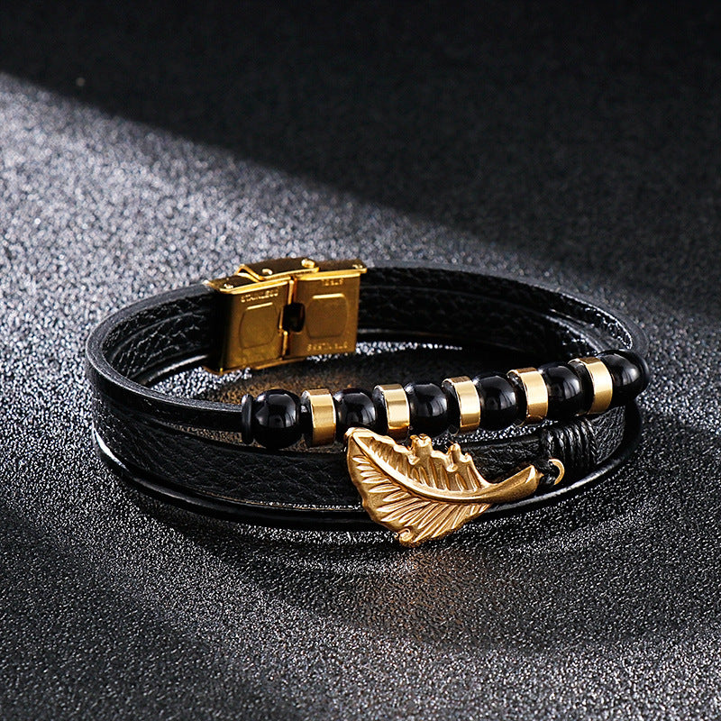 Planderful Multi Layer Feather Woven Leather Bracelet For Men