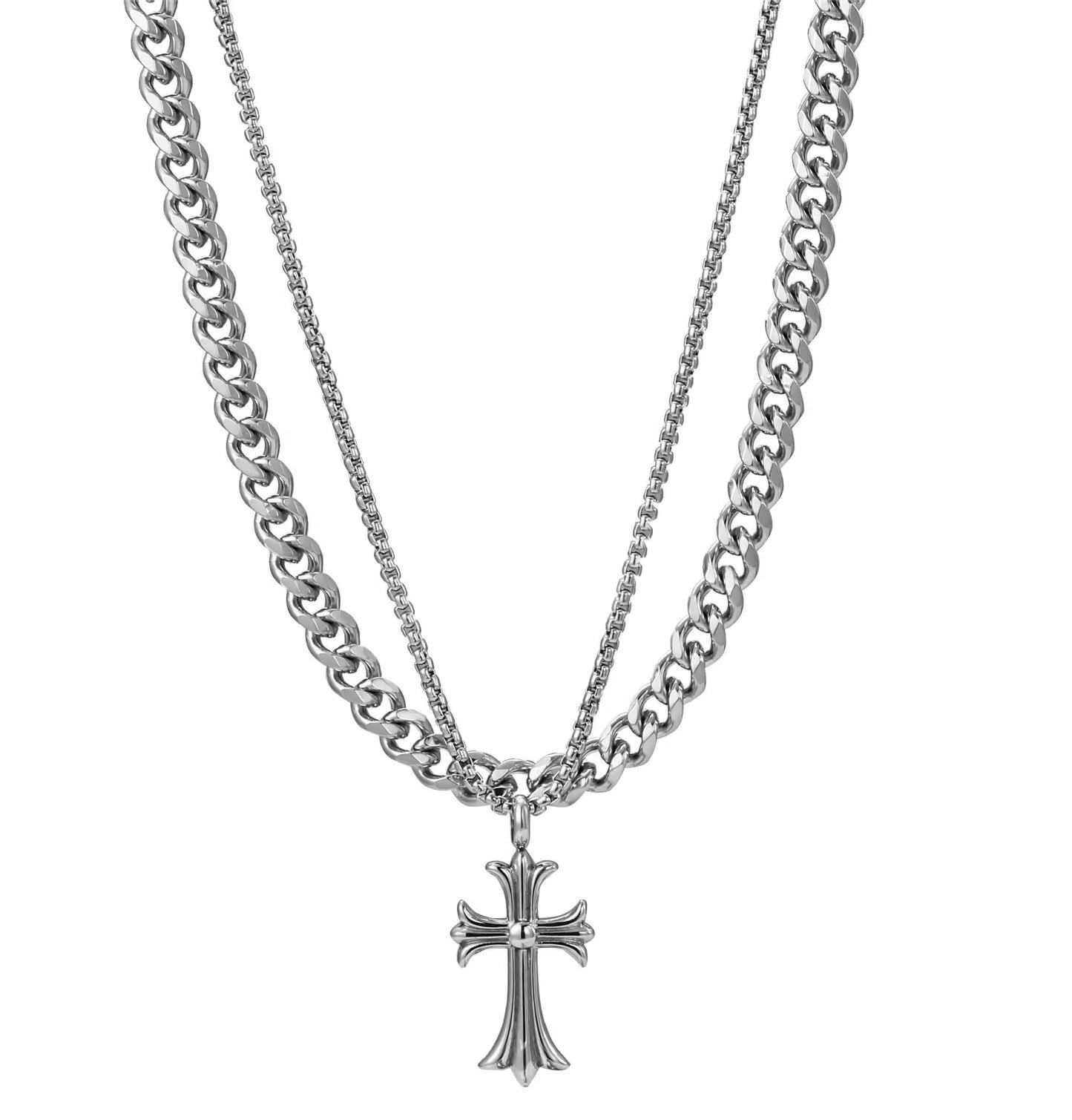 Planderful Jewelry Double Layer Cuban Necklace in Titanium Steel with Zircon Cross Pendant