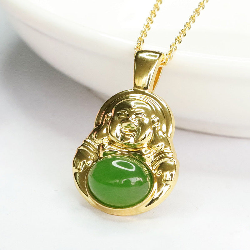 Maitreya Buddha Hetian Jade Pendant with Jasper in Sterling Silver