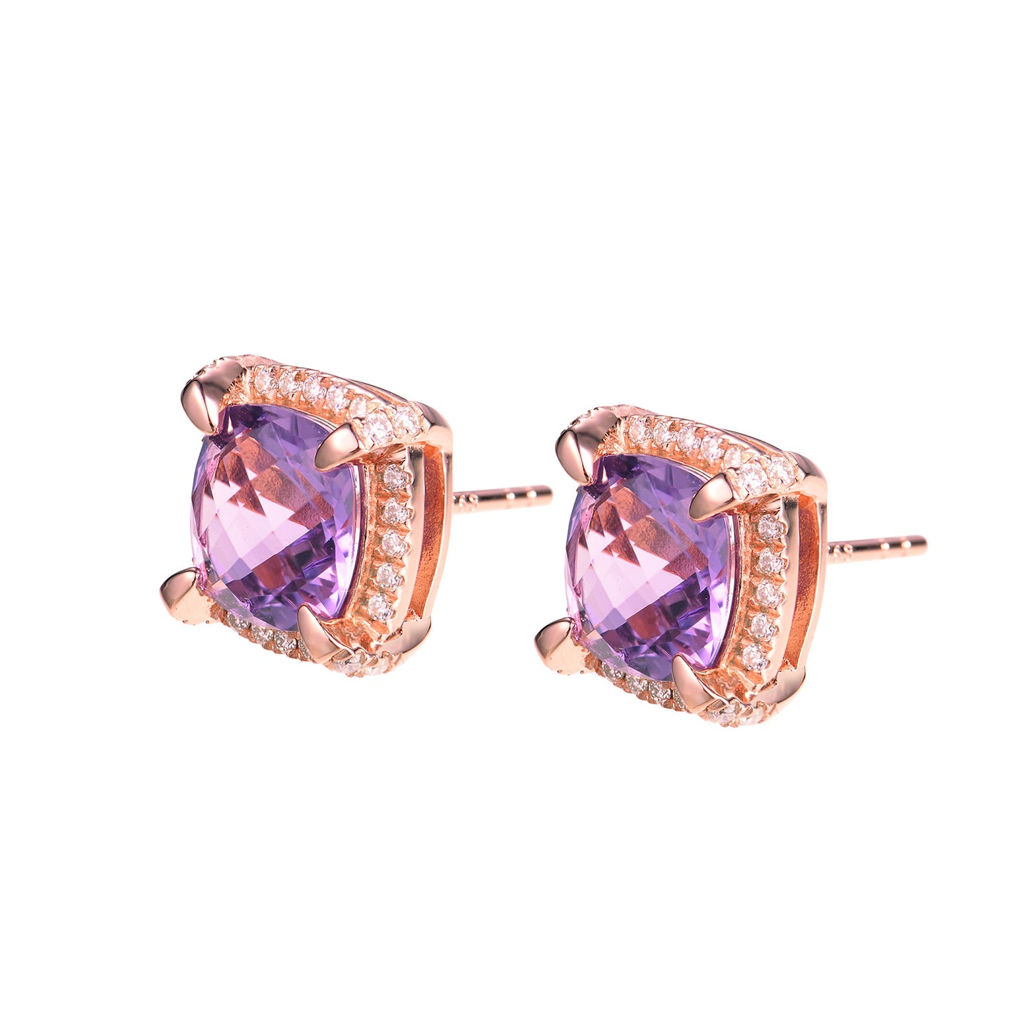 Soleste Halo Square Natural Amethyst Silver Stud Earrings