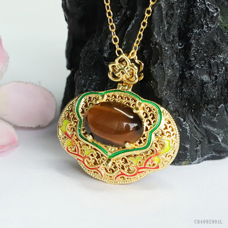Yellow Tiger Eye Enamel Ruyi Pendant — No Chain