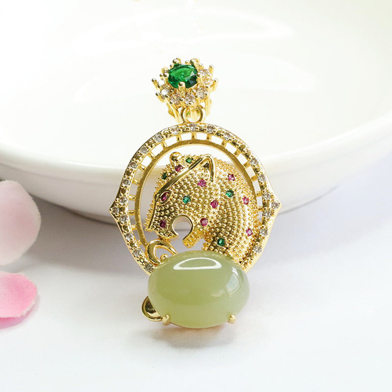 Leopard Head Jade Pendant with Zircon Accents