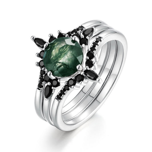 Planderful Jewelry Sterling Silver Agate Ring With Green Moss Aquatic Stone V Shaped Design