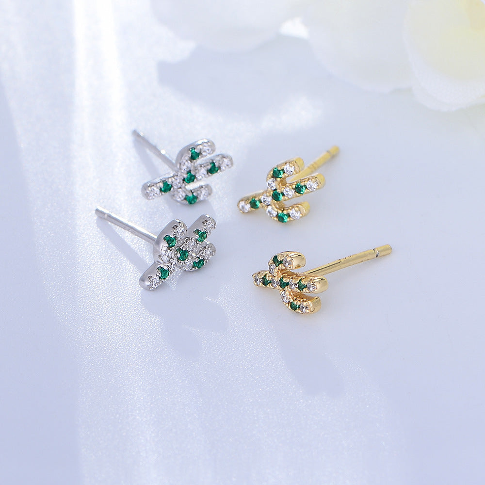 S925 Silver Plant Cactus Micro-Inlaid Zircon Small Stud Earrings Japan And Korea Sweet