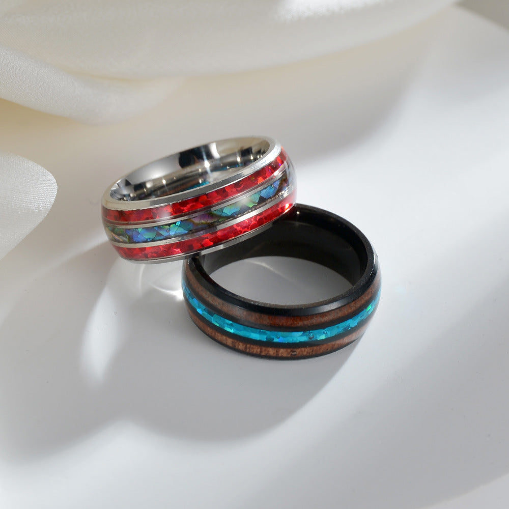 Titanium Steel Ring with Acacia Wood and Abalone Shell Inlay for Men