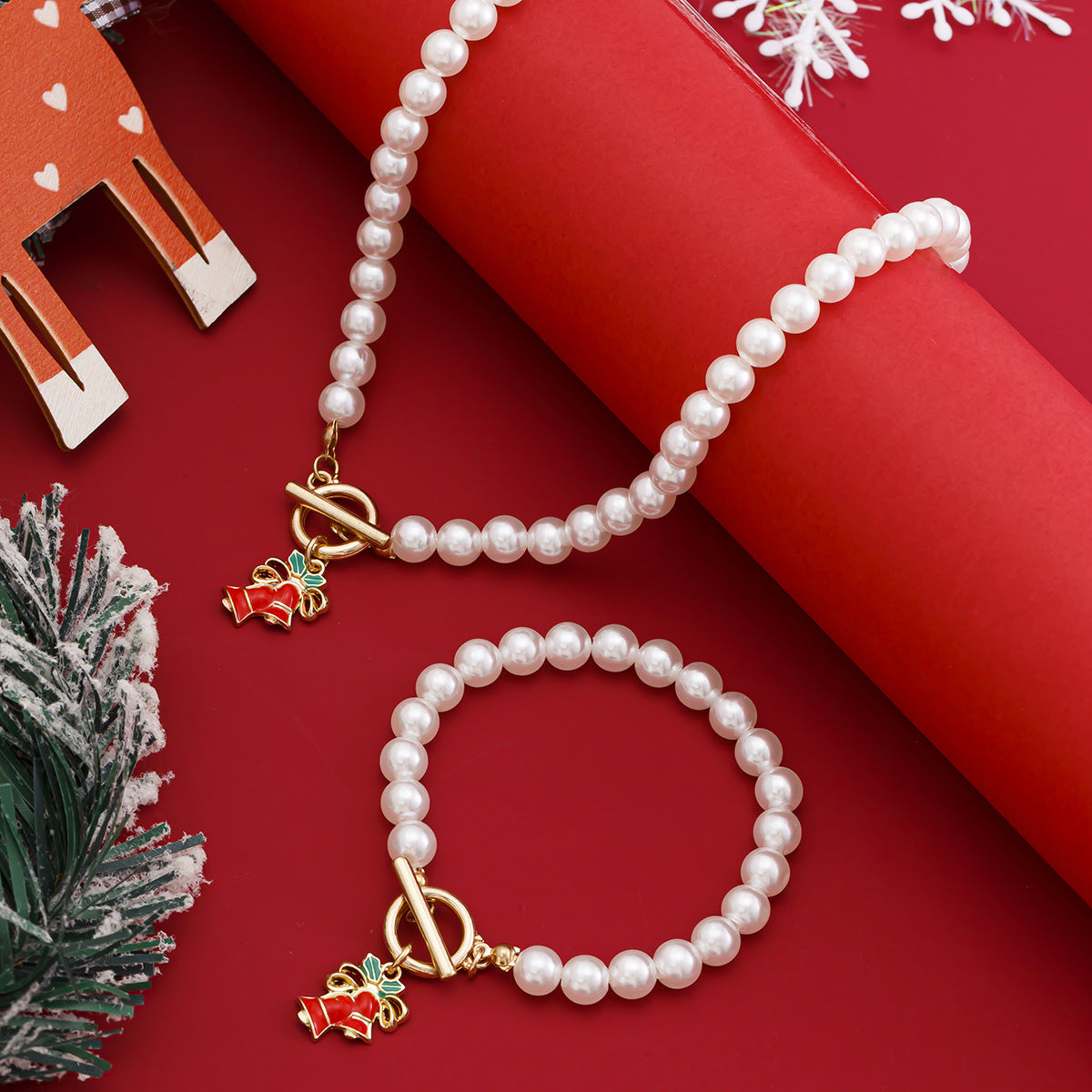 Holiday Pearl-Style Necklace & Bracelet Set