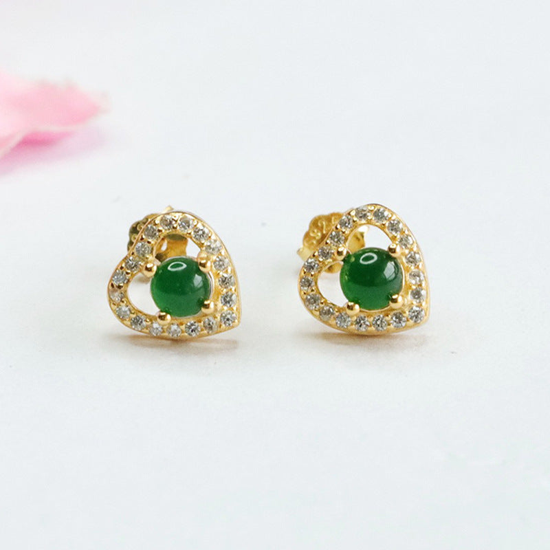 Icy Green Jadeite Heart 925 Silver Stud Earrings
