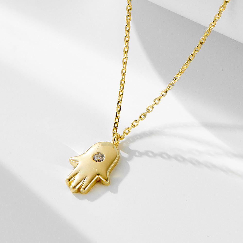 Hip Hop Personality Zircon Fatima Palm Pendant Necklace 925 Sterling Silver Women