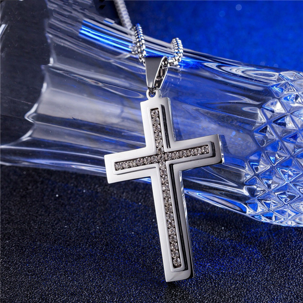 Planderful Zircon Inlaid Bold Double Layer Cross Pendant Necklace For Men Steel Hip Hop Everyday Wear