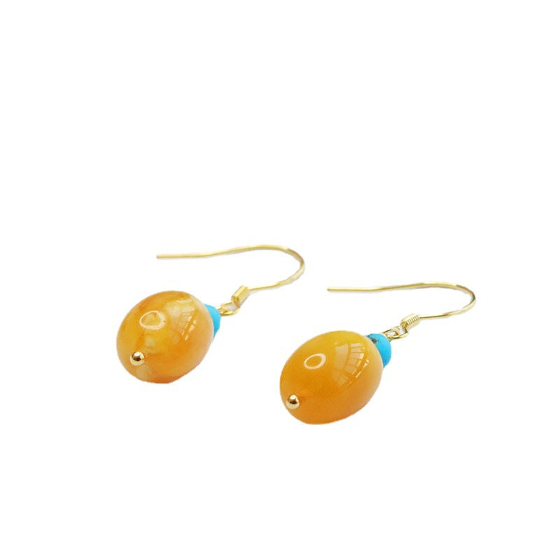 925 Sterling Silver Beeswax Amber Barrel Bead Earrings