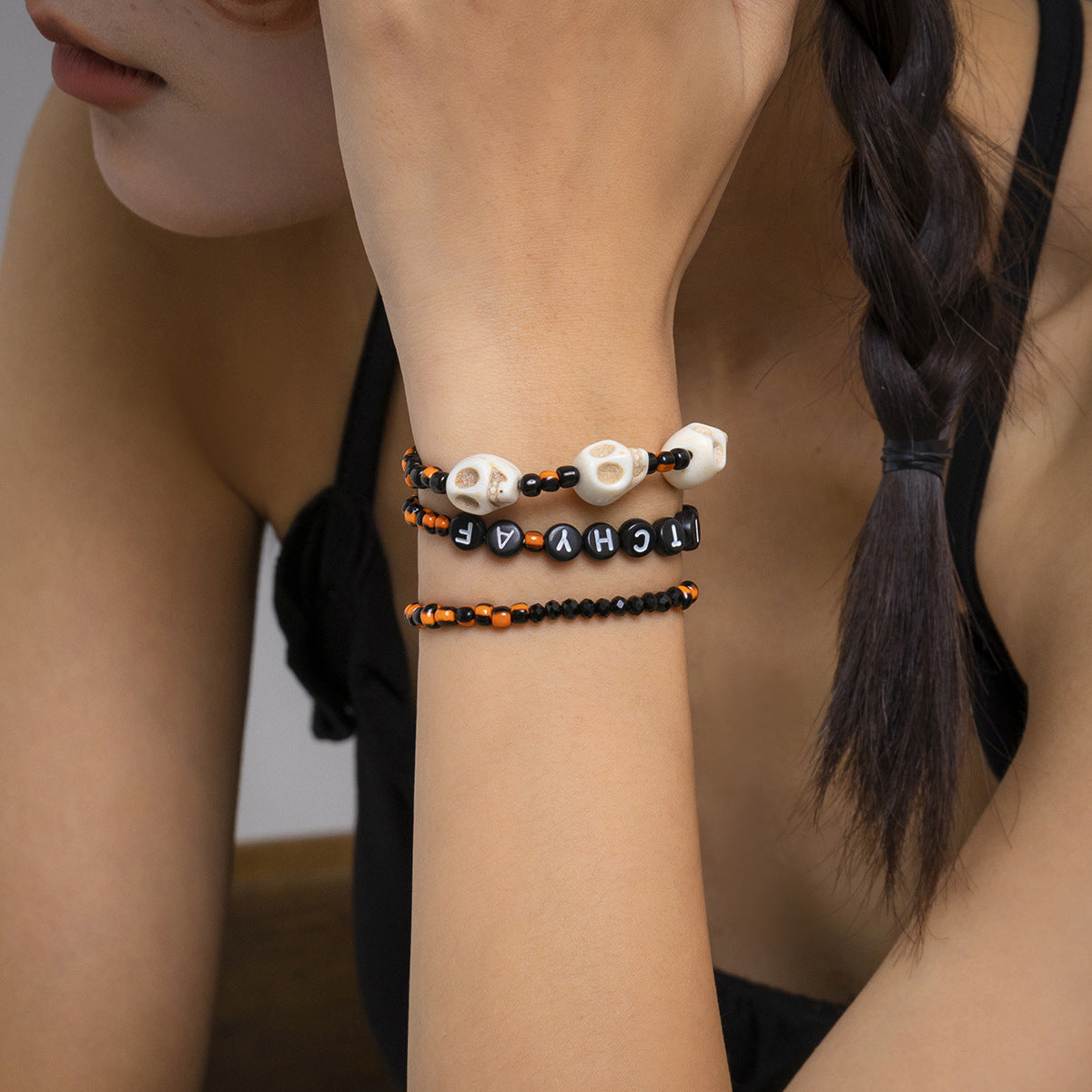 Planderful Vienna Verve Beaded Elastic Bracelet Set For Women Retro Skull Letter Witch Jewelry Statement