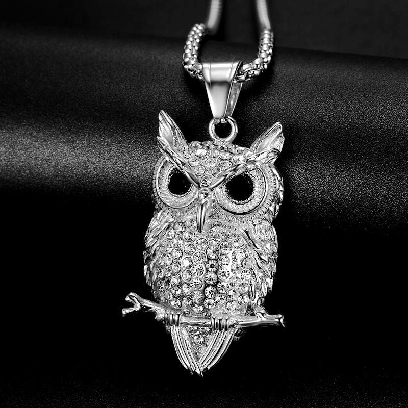 Owl Pendant Necklace Titanium Steel Gold Plated Zircon Long Lasting Shine Planderful For Hip Hop Jewelry Fans