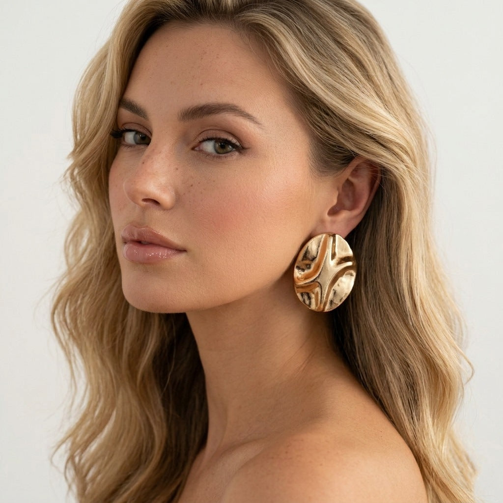 Planderful Vienna Verve Oval Stud Earrings Industrial Texture Three Dimensional Concave Convex For Women Professionals