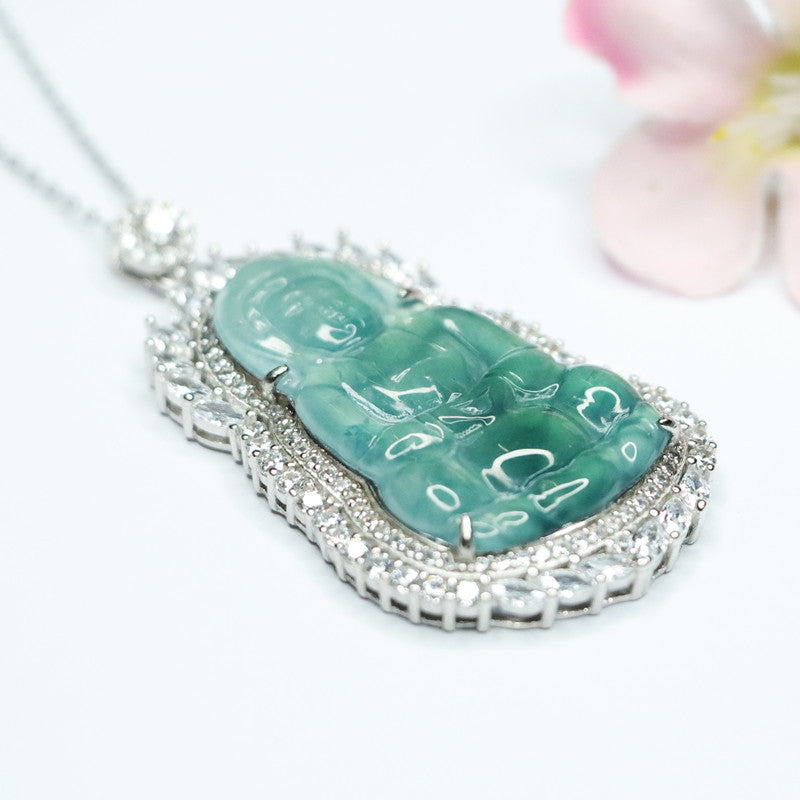Icy Blue Jadeite Guanyin Silver Pendant — No Chain