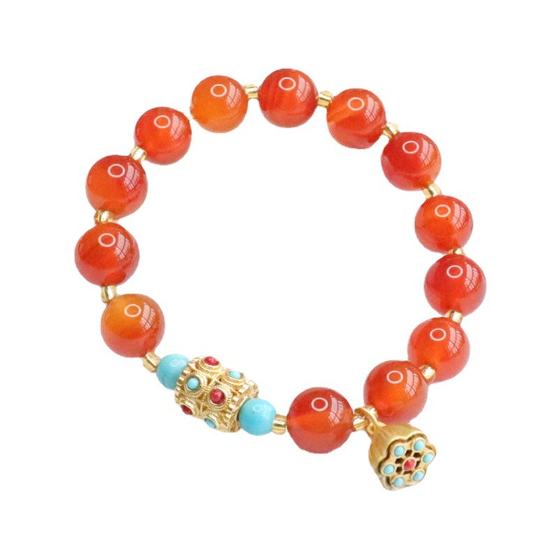 Lotus Tassel Sterling Silver Bracelet with Natural Red Agate and Chalcedony