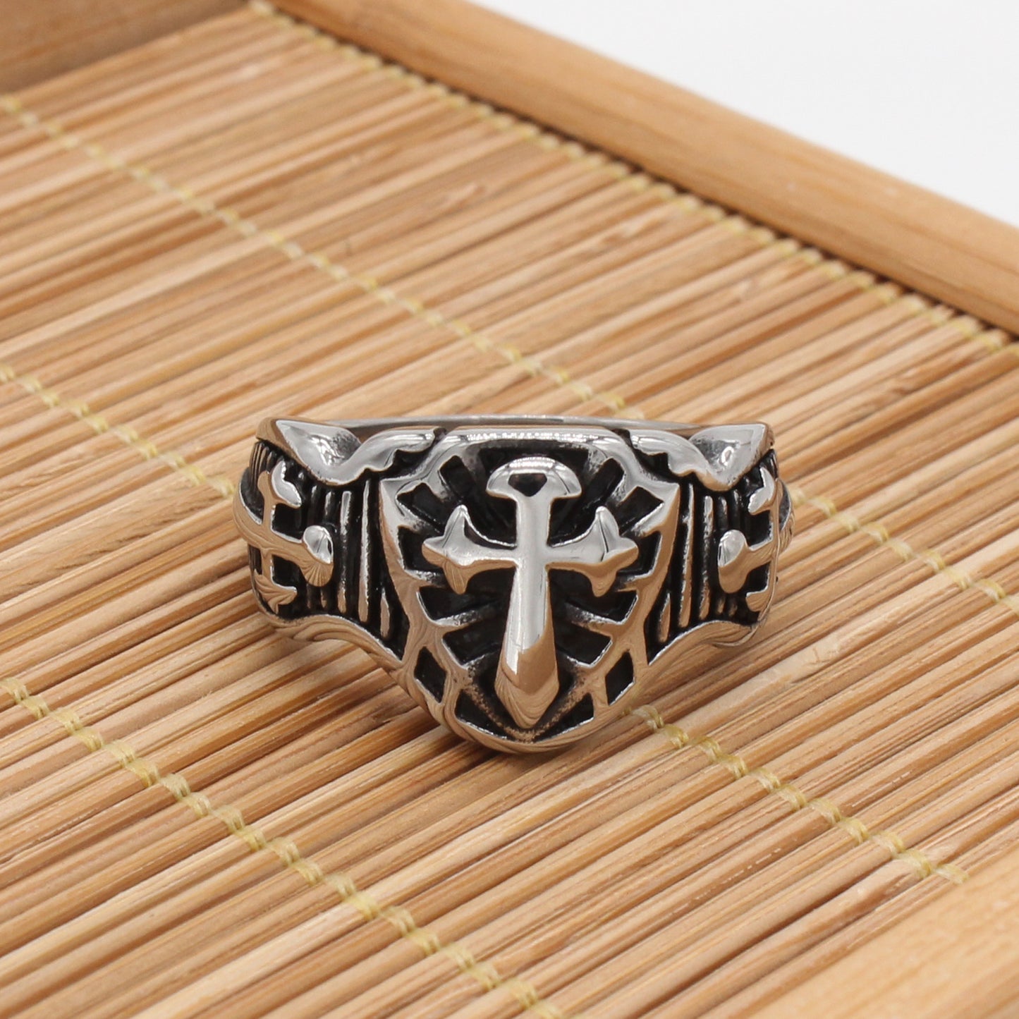 Planderful Retro Cross Shield Titanium Ring for Men and Unisex Personalized Protection Statement