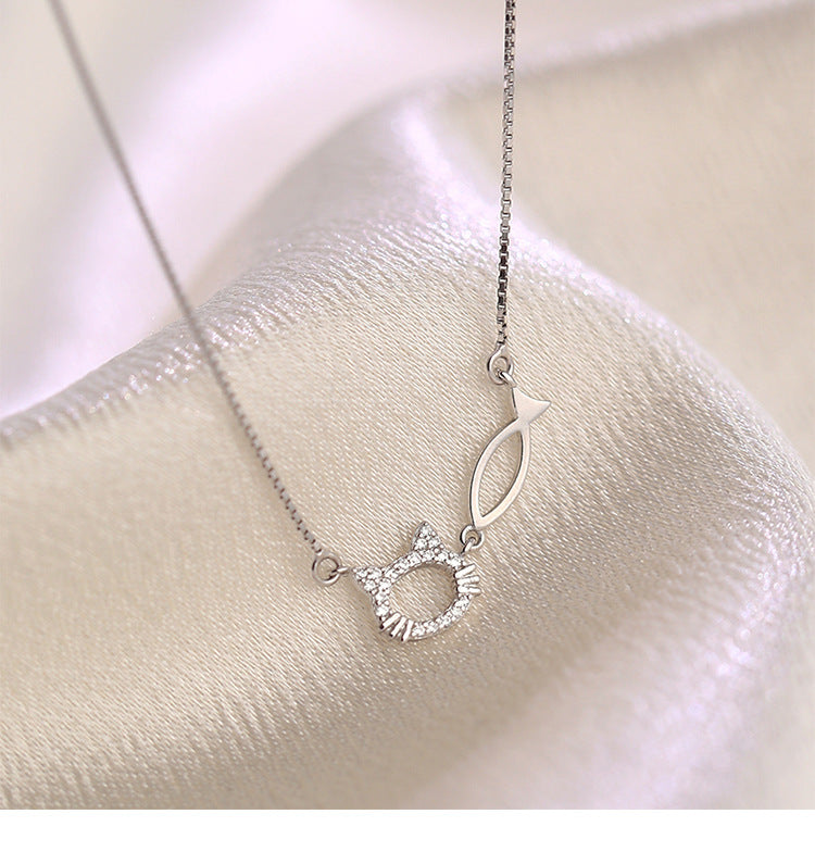 Planderful Sterling Silver Cat and Fish Necklace for Women Elegant Light Luxury Jewelry