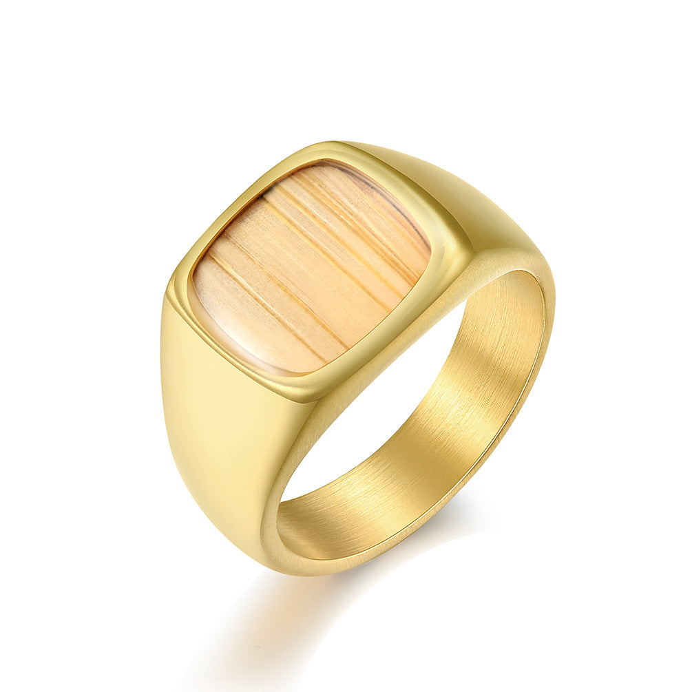 Planderful Gold Plated Titanium Steel Ring With Inlaid Veneer For Urban Streetwear Fans Bold Statement Jewelry